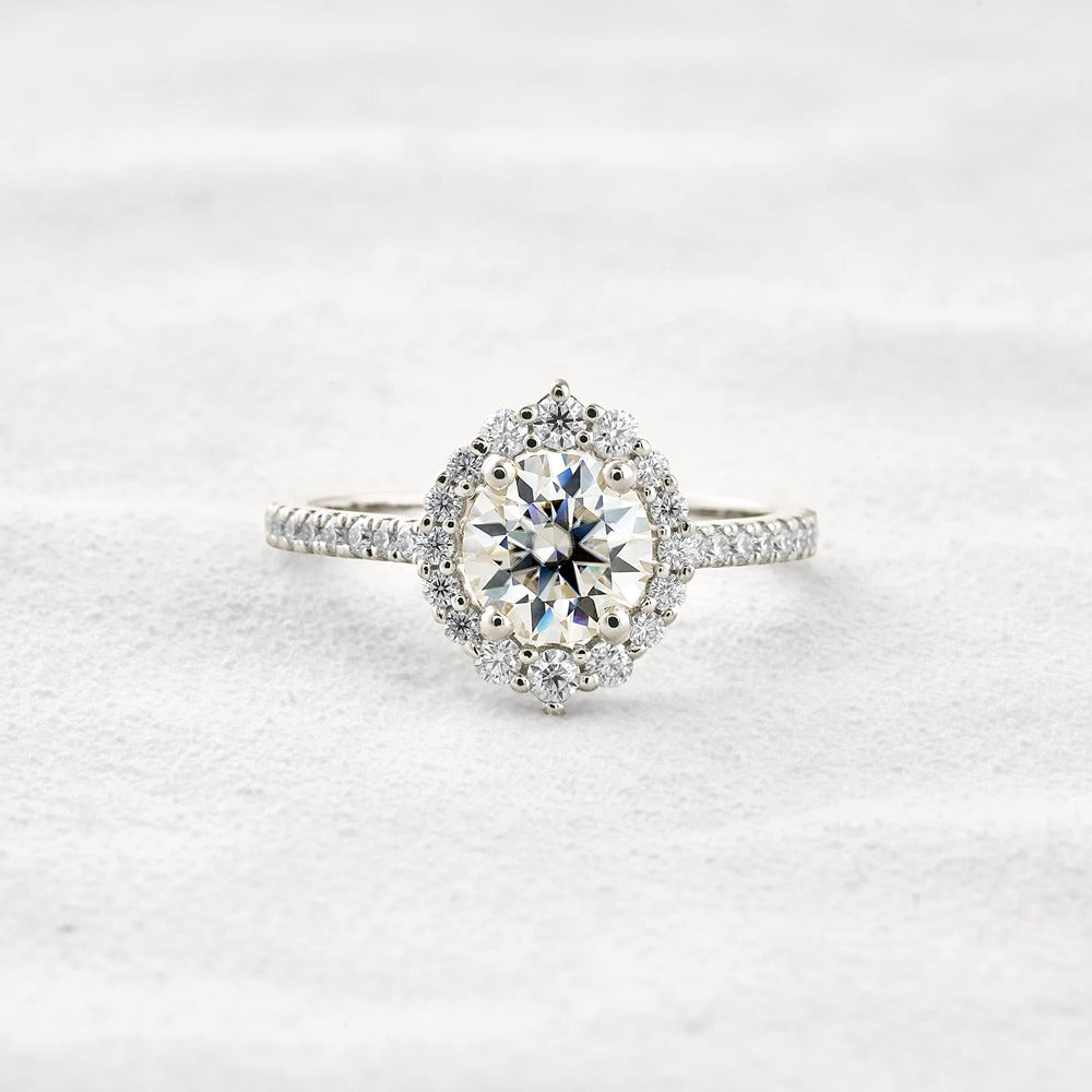 D Color Round Cut Moissanite Halo Engagement Wedding Ring