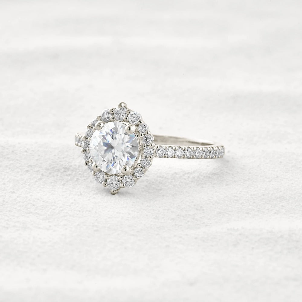 D Color Round Cut Moissanite Halo Engagement Wedding Ring