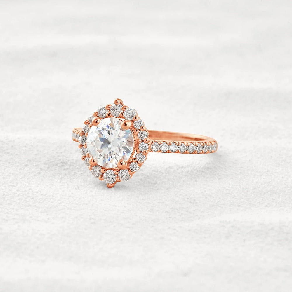 D Color Round Cut Moissanite Halo Engagement Wedding Ring