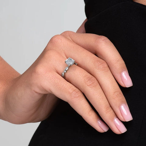 Cushion Cut Moissanite Vintage Pave Leaf Style Ring