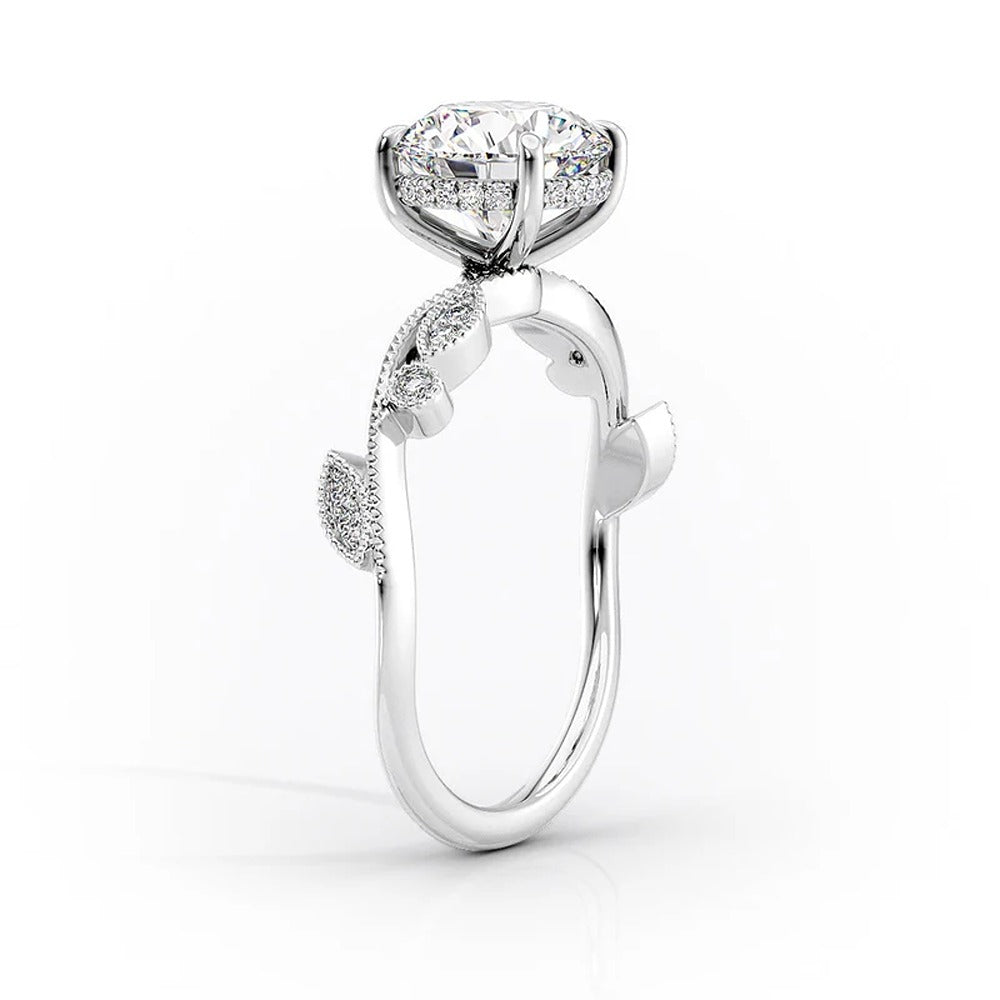 Cushion Cut Moissanite Vintage Pave Leaf Style Ring