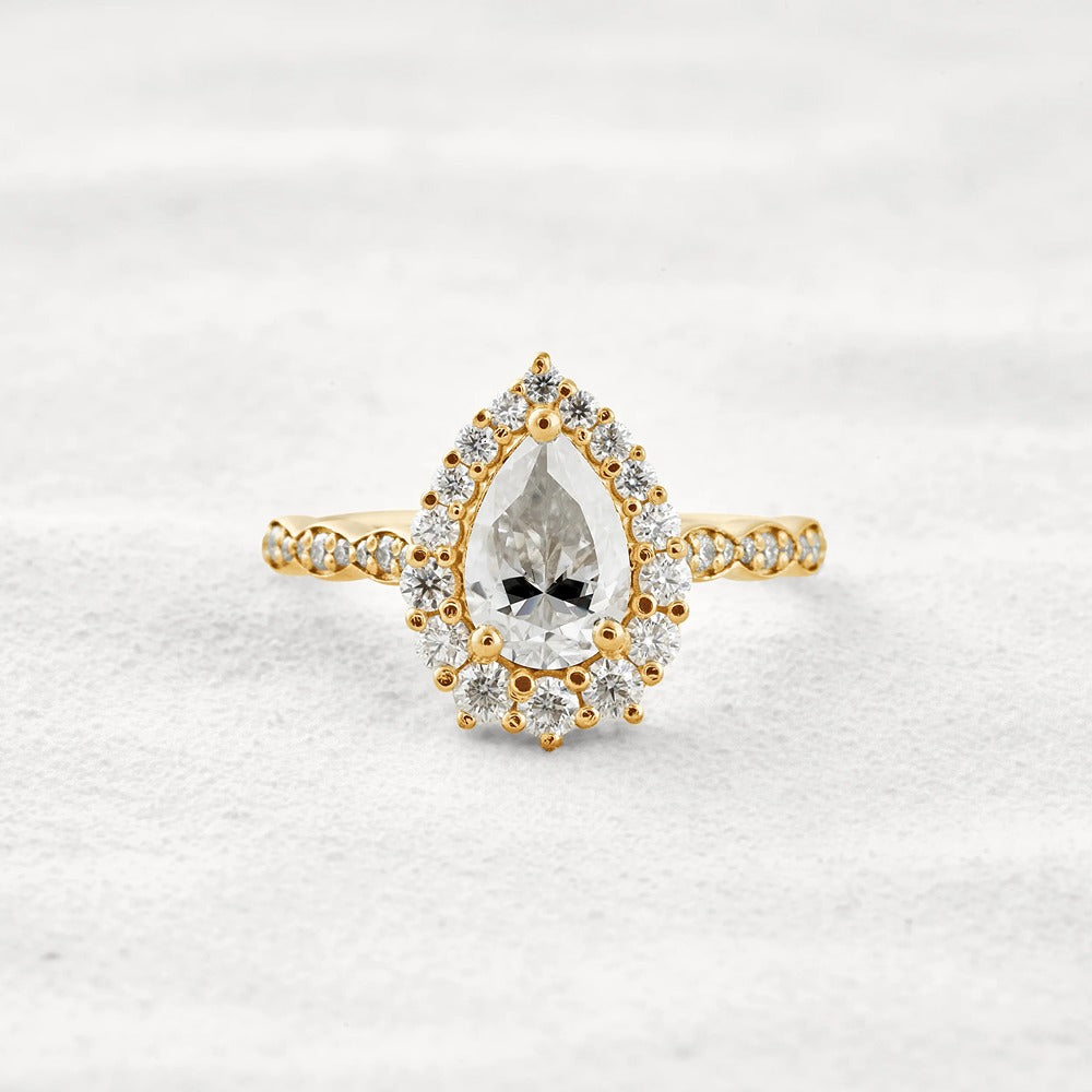 VVS1 Clarity Moissanite Diamond Pear Cut Pav & Halo Wedding Ring