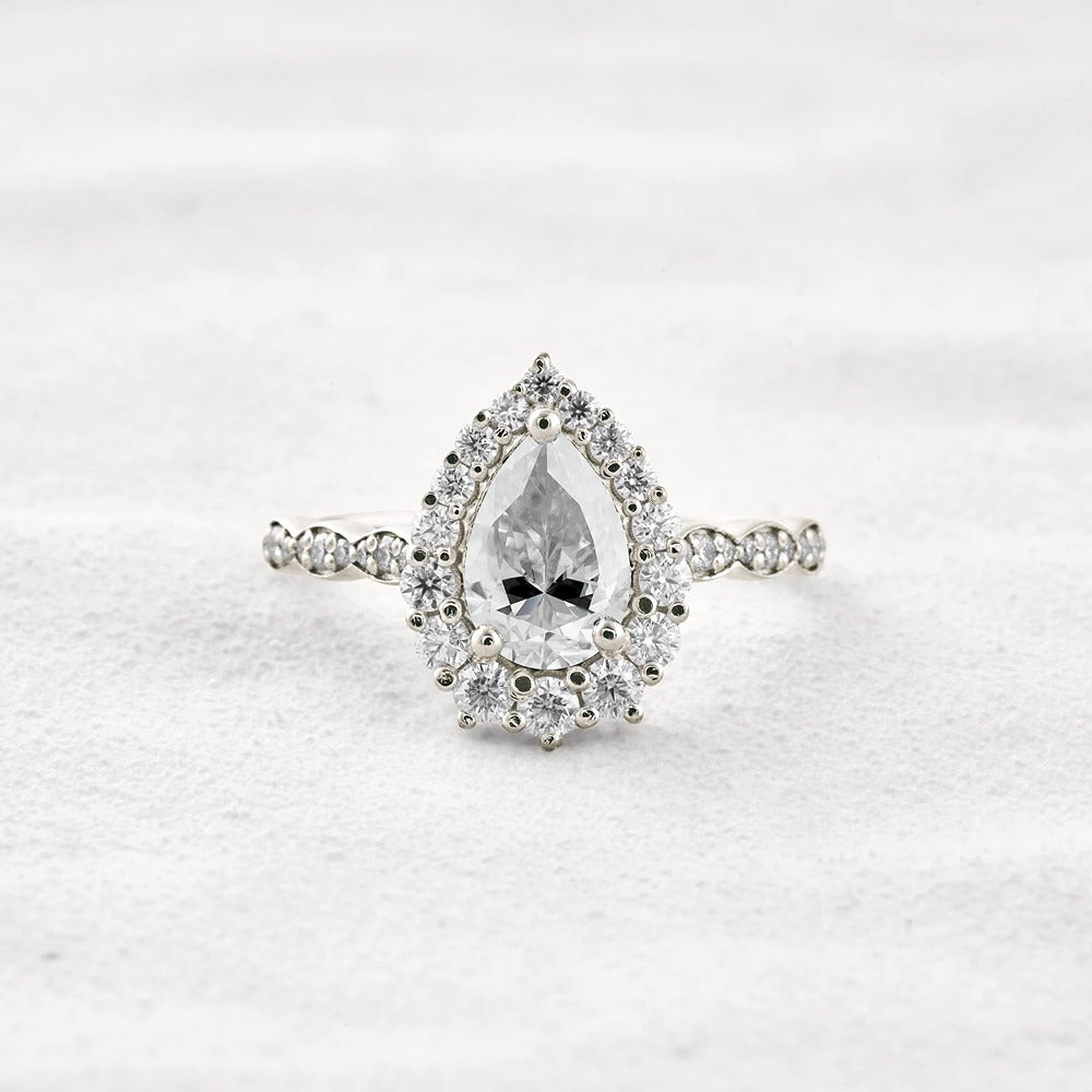 VVS1 Clarity Moissanite Diamond Pear Cut Pav & Halo Wedding Ring