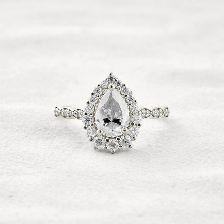 VVS1 Clarity Moissanite Diamond Pear Cut Pav & Halo Wedding Ring