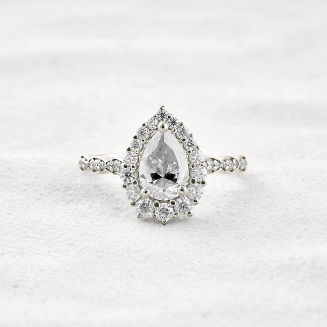 VVS1 Clarity Moissanite Diamond Pear Cut Pav & Halo Wedding Ring