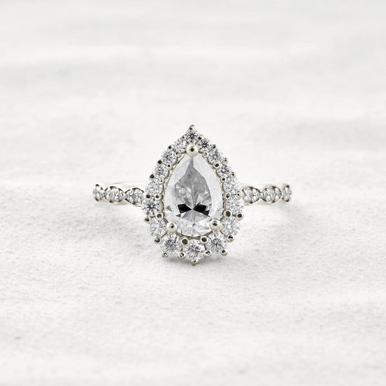VVS1 Clarity Moissanite Diamond Pear Cut Pav & Halo Wedding Ring