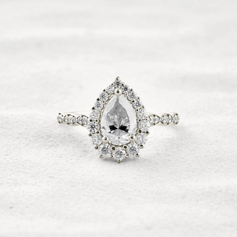 VVS1 Clarity Moissanite Diamond Pear Cut Pav & Halo Wedding Ring