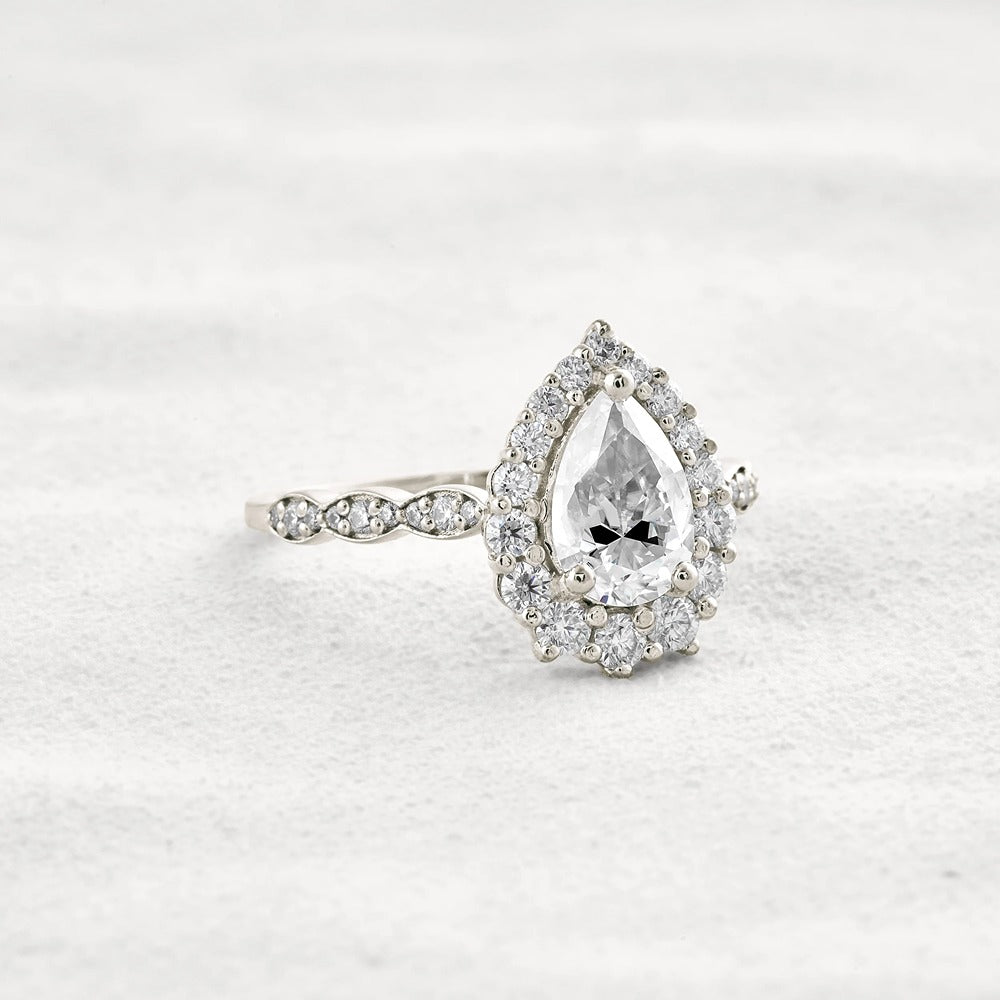 VVS1 Clarity Moissanite Diamond Pear Cut Pav & Halo Wedding Ring