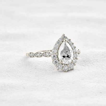VVS1 Clarity Moissanite Diamond Pear Cut Pav & Halo Wedding Ring