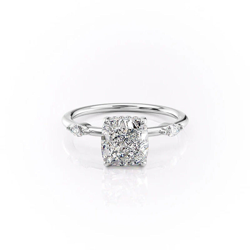 Three Stone Cushion Cut Moissanite Hidden Halo Wedding Ring