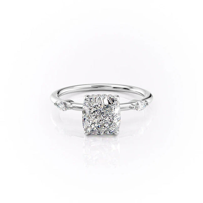Three Stone Cushion Cut Moissanite Hidden Halo Wedding Ring