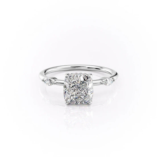 Three Stone Cushion Cut Moissanite Hidden Halo Wedding Ring