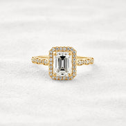Moissnaite Emerald Cut Halo & Pave Set Engagement Ring