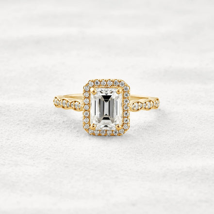 Moissnaite Emerald Cut Halo & Pave Set Engagement Ring