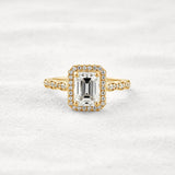 Moissnaite Emerald Cut Halo & Pave Set Engagement Ring