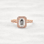 Moissnaite Emerald Cut Halo & Pave Set Engagement Ring