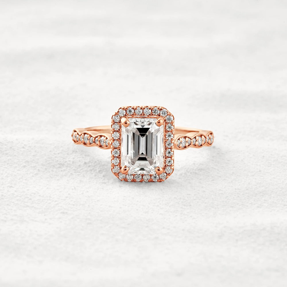 Moissnaite Emerald Cut Halo & Pave Set Engagement Ring