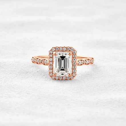 Moissnaite Emerald Cut Halo & Pave Set Engagement Ring