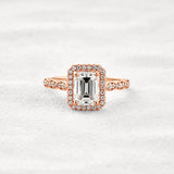 Moissnaite Emerald Cut Halo & Pave Set Engagement Ring