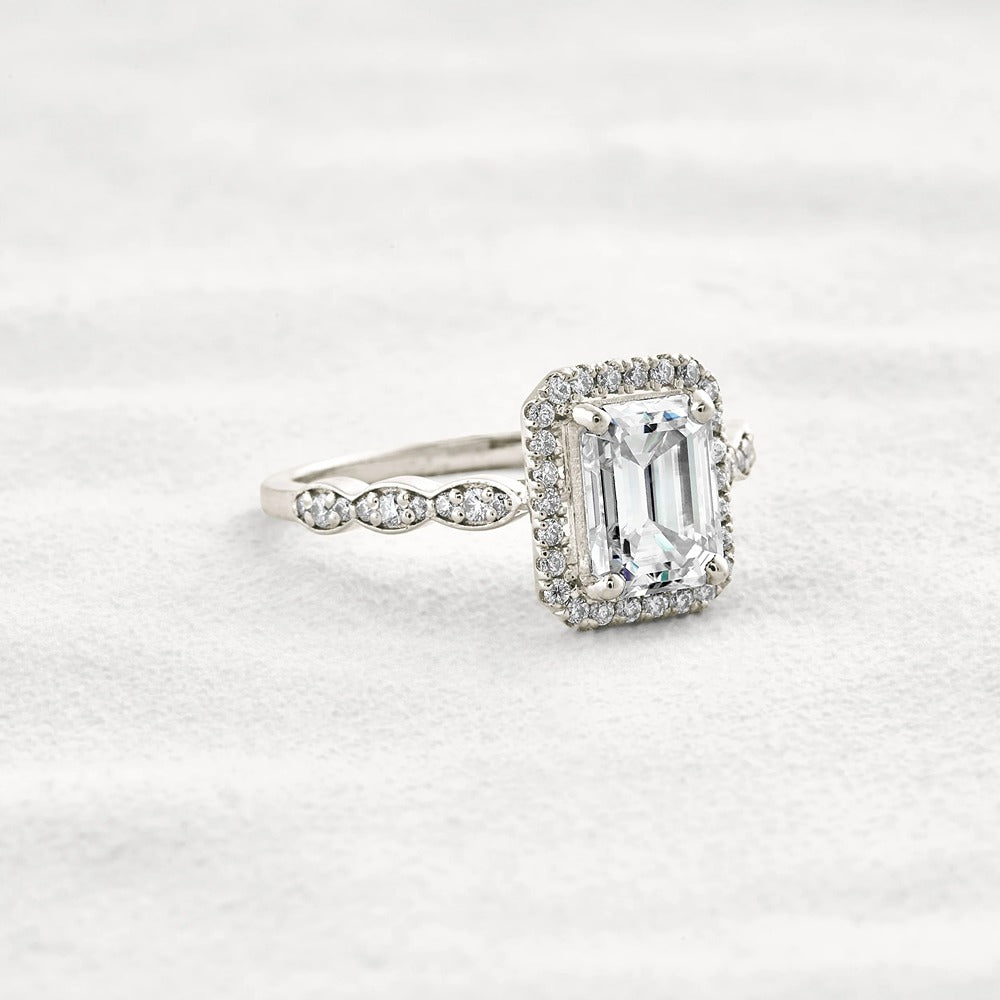 Moissnaite Emerald Cut Halo & Pave Set Engagement Ring