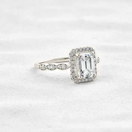 Moissnaite Emerald Cut Halo & Pave Set Engagement Ring