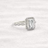 Moissnaite Emerald Cut Halo & Pave Set Engagement Ring