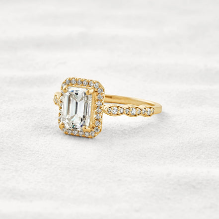 Moissnaite Emerald Cut Halo & Pave Set Engagement Ring