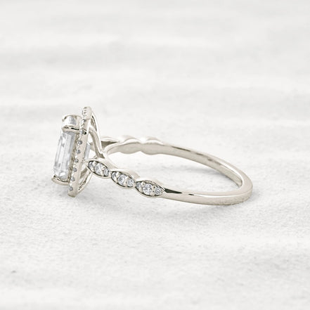 Moissnaite Emerald Cut Halo & Pave Set Engagement Ring