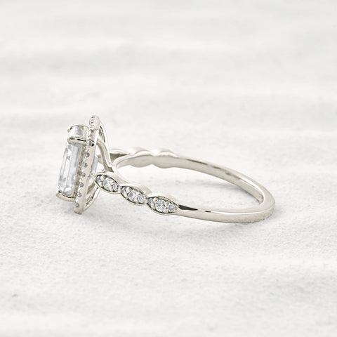 Moissnaite Emerald Cut Halo & Pave Set Engagement Ring