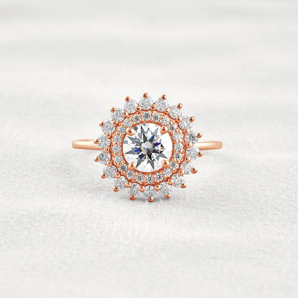 D Color Moissanite Diamond Floral Halo Engagement Ring