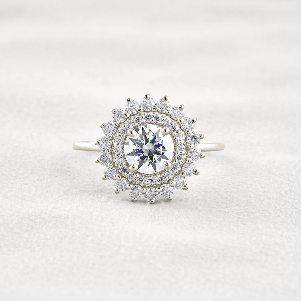 D Color Moissanite Diamond Floral Halo Engagement Ring
