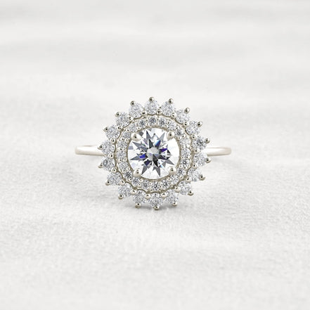 D Color Moissanite Diamond Floral Halo Engagement Ring