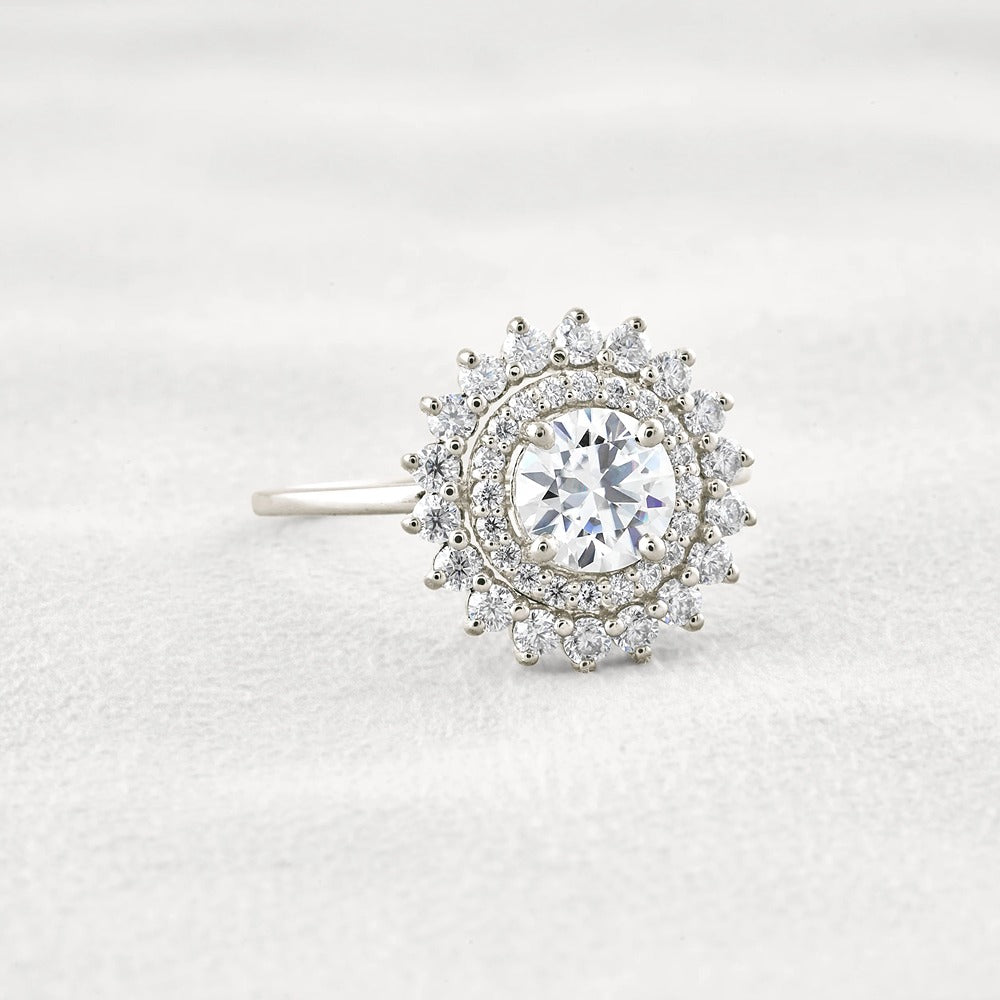 D Color Moissanite Diamond Floral Halo Engagement Ring