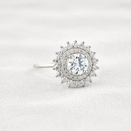 D Color Moissanite Diamond Floral Halo Engagement Ring