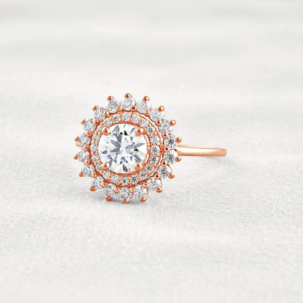 D Color Moissanite Diamond Floral Halo Engagement Ring