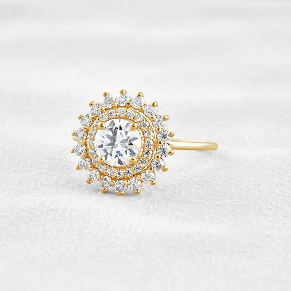 D Color Moissanite Diamond Floral Halo Engagement Ring