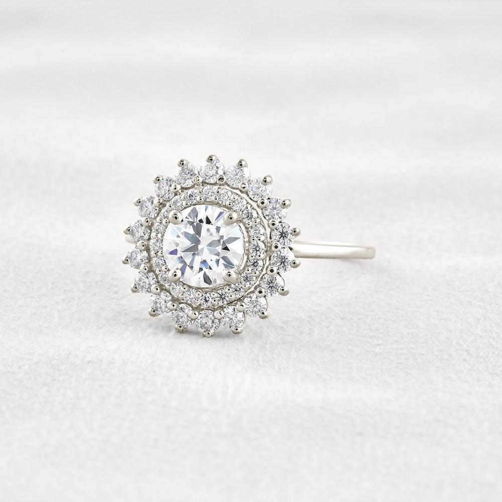 D Color Moissanite Diamond Floral Halo Engagement Ring