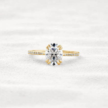 Double Claw Prong Oval Cut Pave Set Moissanite Diamond Ring