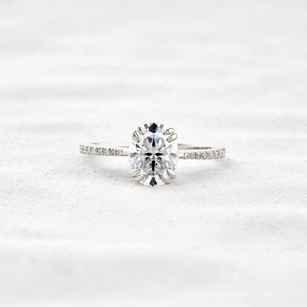 Double Claw Prong Oval Cut Pave Set Moissanite Diamond Ring