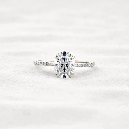 Double Claw Prong Oval Cut Pave Set Moissanite Diamond Ring