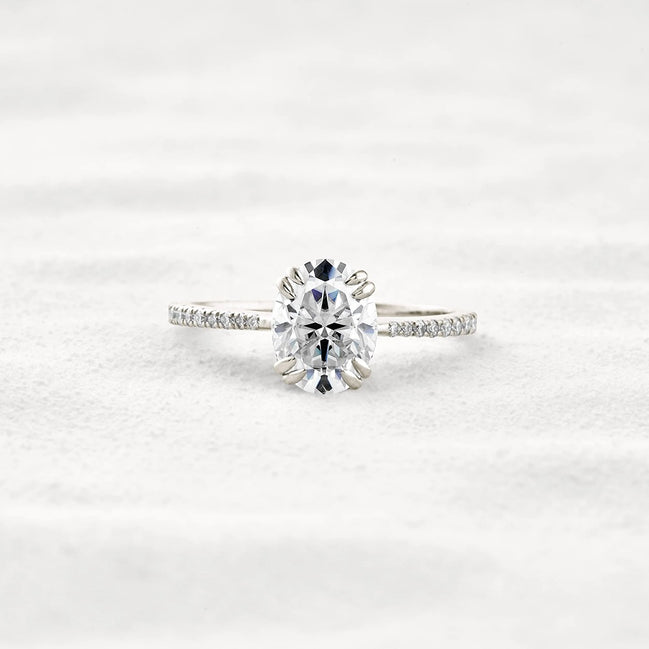Double Claw Prong Oval Cut Pave Set Moissanite Diamond Ring