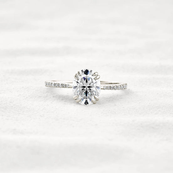 Double Claw Prong Oval Cut Pave Set Moissanite Diamond Ring