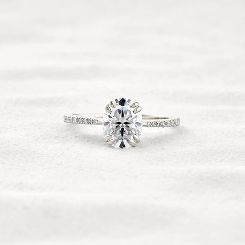 Double Claw Prong Oval Cut Pave Set Moissanite Diamond Ring