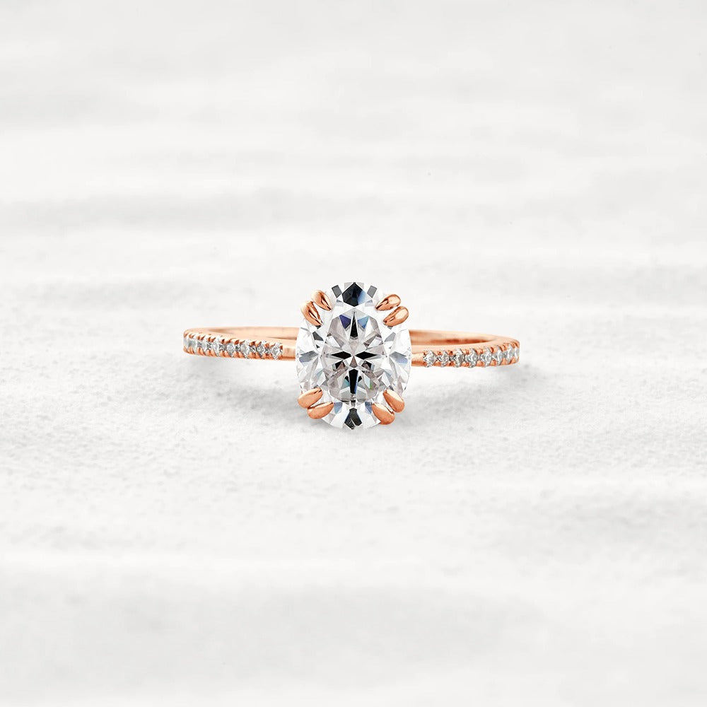 Double Claw Prong Oval Cut Pave Set Moissanite Diamond Ring