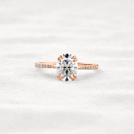 Double Claw Prong Oval Cut Pave Set Moissanite Diamond Ring