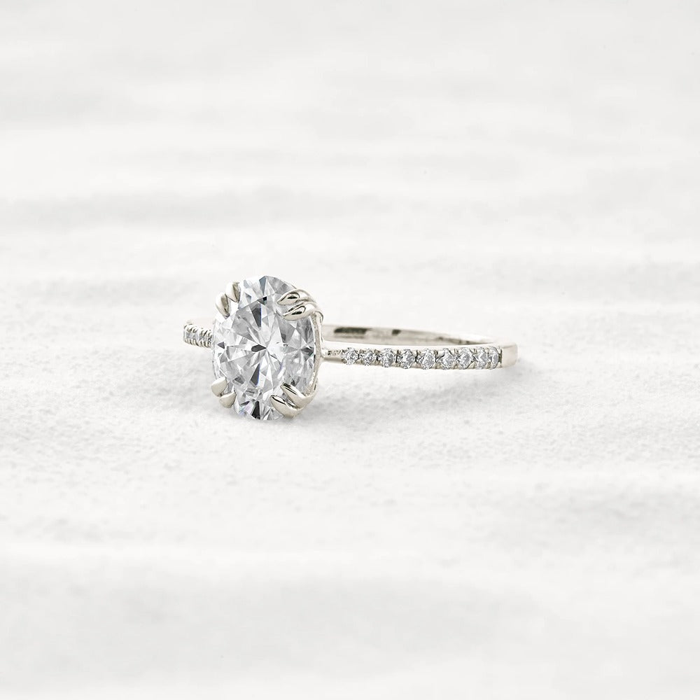 Double Claw Prong Oval Cut Pave Set Moissanite Diamond Ring