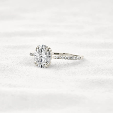 Double Claw Prong Oval Cut Pave Set Moissanite Diamond Ring