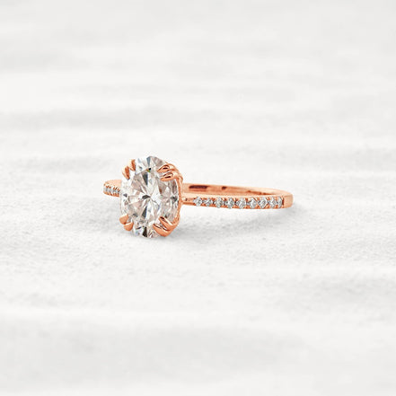 Double Claw Prong Oval Cut Pave Set Moissanite Diamond Ring