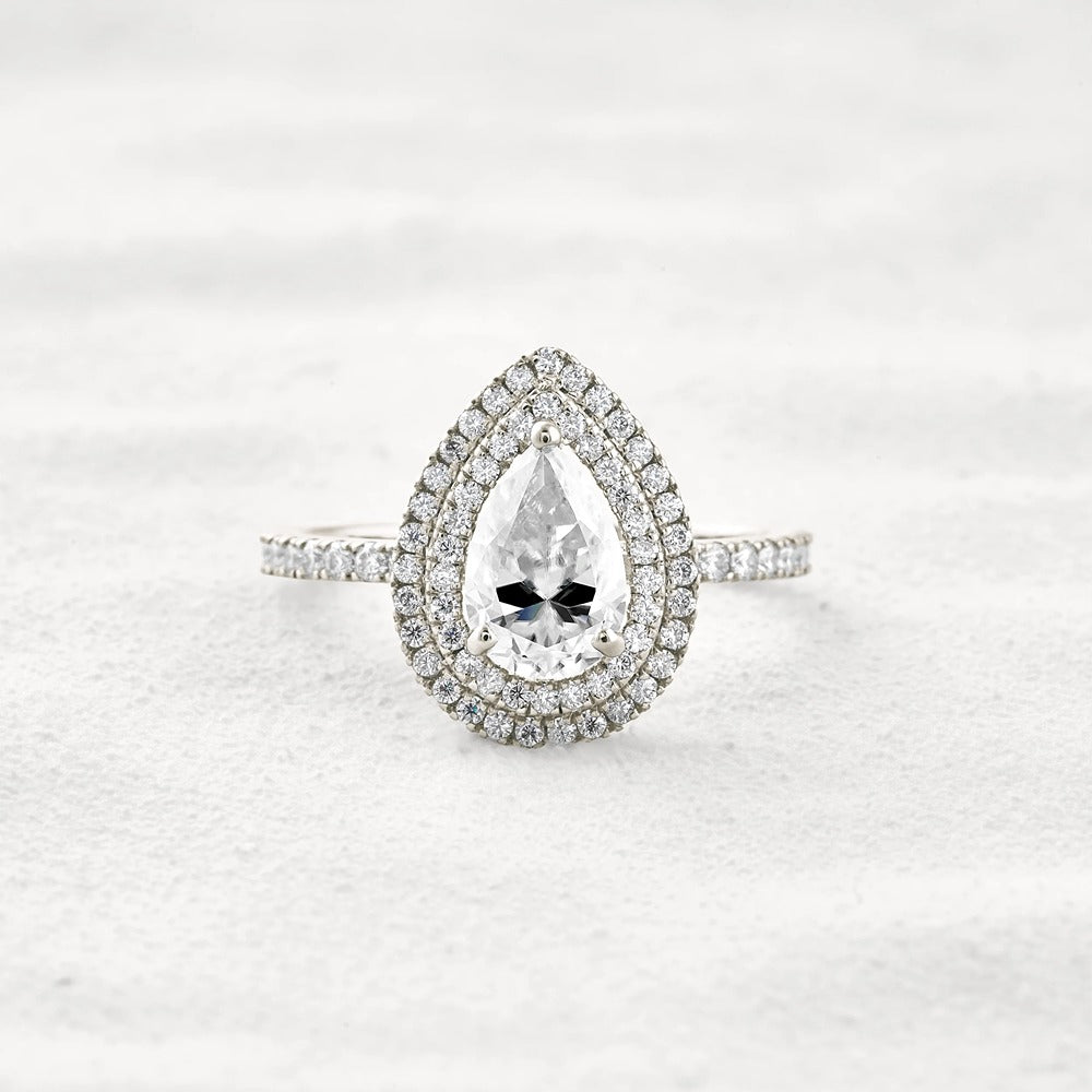 Lab Created Moissanite Pear Cut Double Halo Engagement Ring