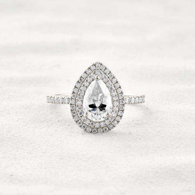 Lab Created Moissanite Pear Cut Double Halo Engagement Ring